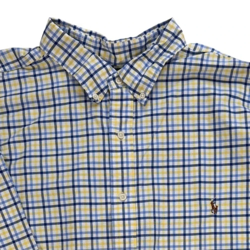 Ralph Lauren Men 4XLT Plaid Button Down Shirt Yellow Blue Check Long Sleeve Pony